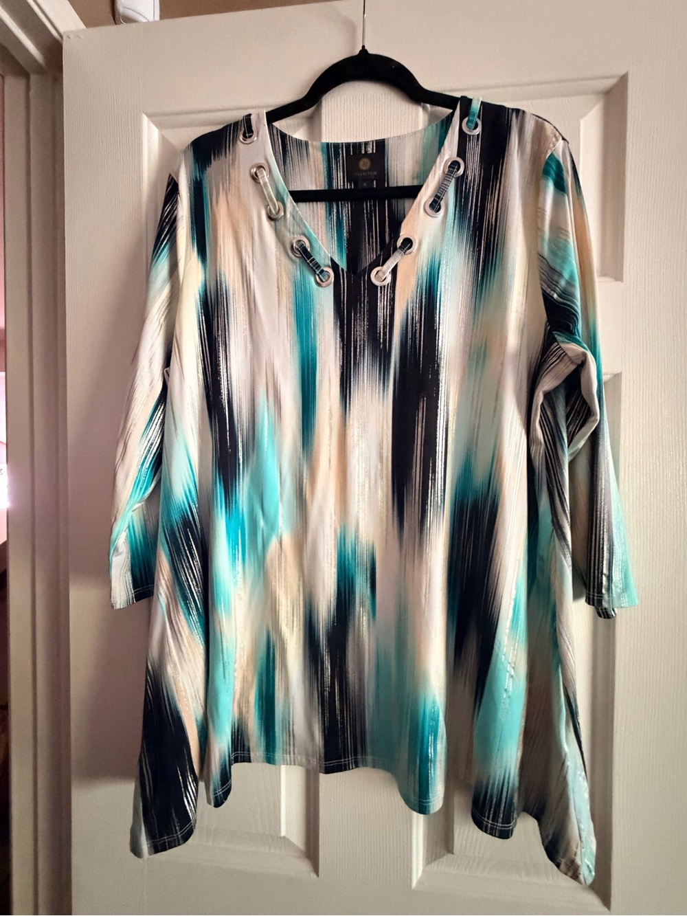 JM Collection Teal Black Cream Abstract V-Neck Tunic with Grommets